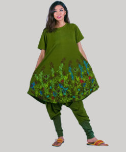 A-line dress jersey cotton printed with outline embroidery