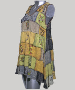 Dress sleeveless cotton knitting patches blocks fabric print with stone wash