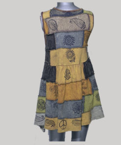 Dress sleeveless cotton knitting patches blocks fabric print with stone wash