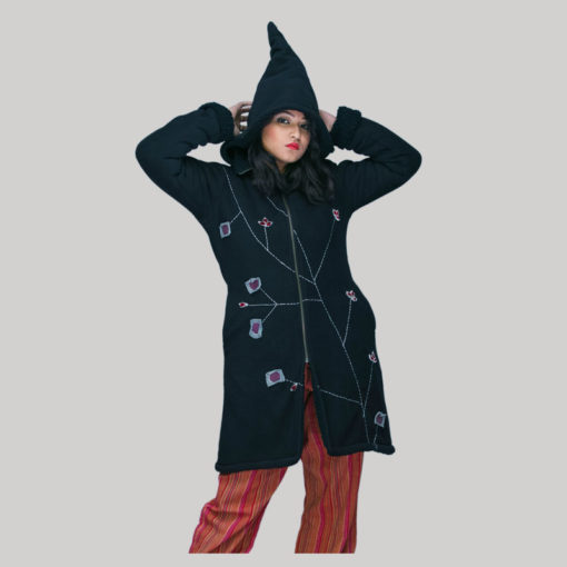jacket long polar fleece with fur lining with embroidery & hood