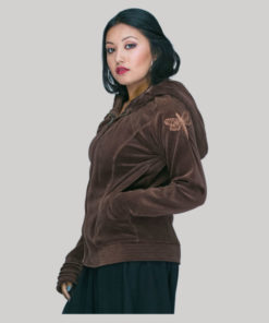 Jacket velvet cotton crewel hood embroidery with zipper