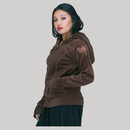 Jacket velvet cotton crewel hood embroidery with zipper