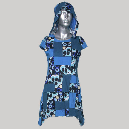 Long dress viscose cotton printed patches with hood & half sleeve