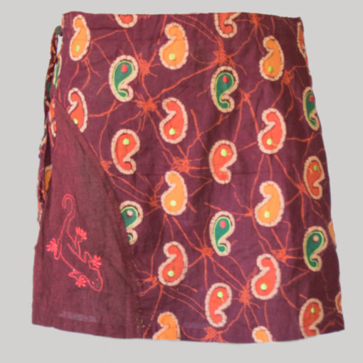 Women's a-line skirt with printed patches & embroidery stitches (Maroon)