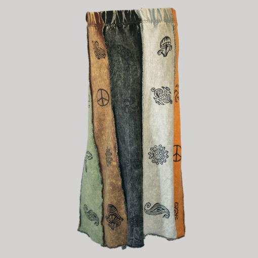 Gypsy skirt with printed panel patches stone wash front