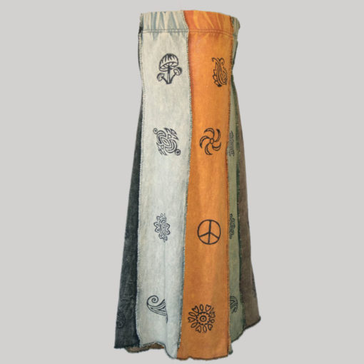 Gypsy skirt with printed panel patches stone wash side
