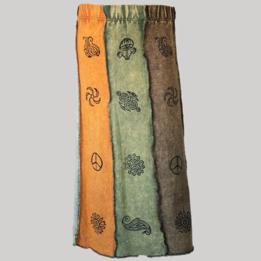 Gypsy skirt with printed panel patches stone wash back
