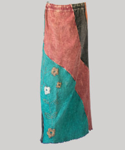 Gypsy skirt with asymmetrical printed panel patches stone wash side