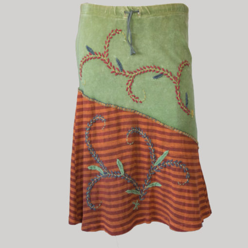 Symmetrical line gypsy skirt with hand work patches (Olive Green) front