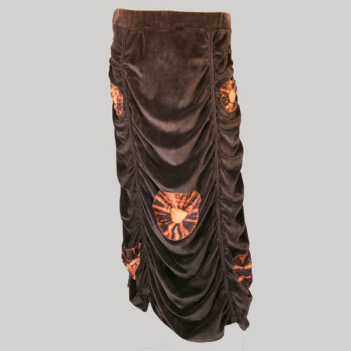 Bias cut skirt velour gather with block print (Brown) front