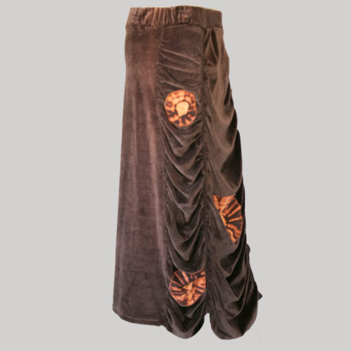 Bias cut skirt velour gather with block print (Brown) side