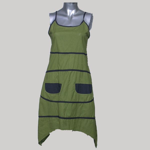 Backless tank dress with symmetrical stripes (Olive Green) - Garments Nepal