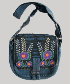 Flower embroidery razor cut women's side bag (Blue)
