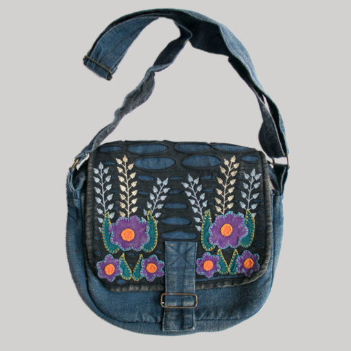 Flower embroidery razor cut women's side bag (Blue)