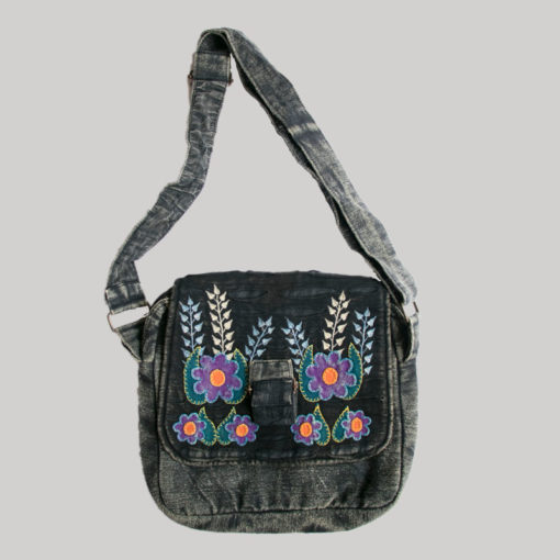 Flower embroidery razor cut women's side bag (Black)