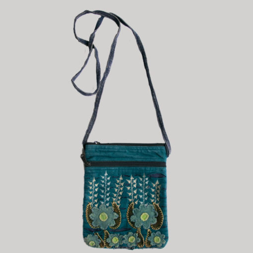 Women's passport bag with flower embroidery (Teal)