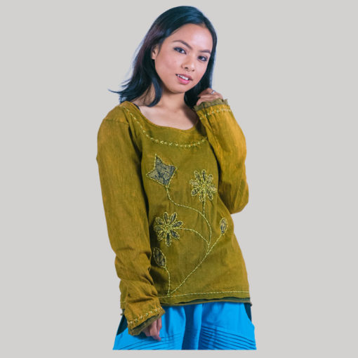 Women's embroidery stitch t-shirt (Olive Green)
