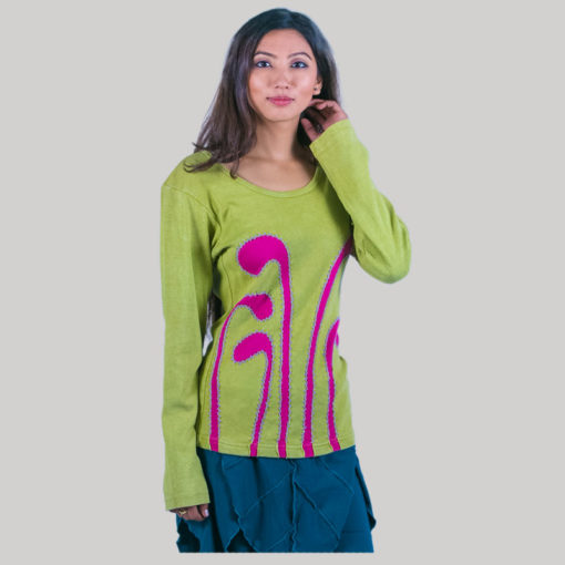 Women's stripe hand work t-shirt (Light Green)