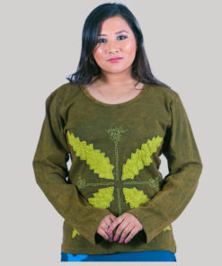 Women's leaf hand work t-shirt (Olive Green)