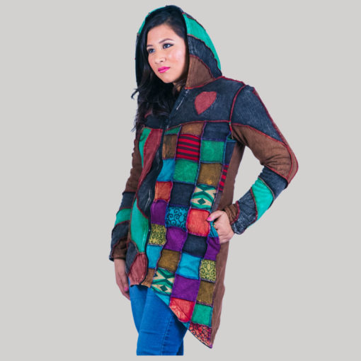 Multi color patches rib jacket with polar lining stone washed