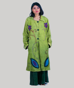 Hand loom women's long jacket with hand work (Olive Green)
