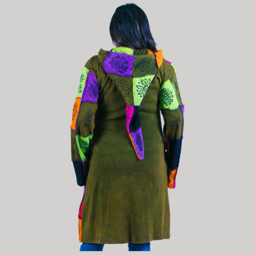 Women's long pointed hood jacket with mix color patches (Olive Green)