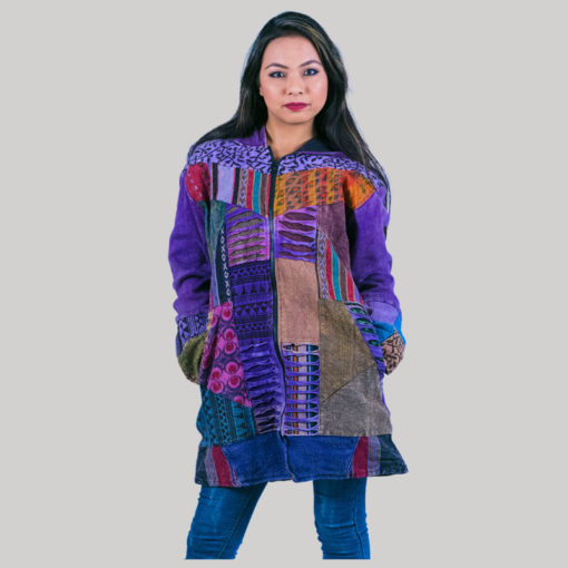 Asymmetrical patches women's long jacket (Purple)