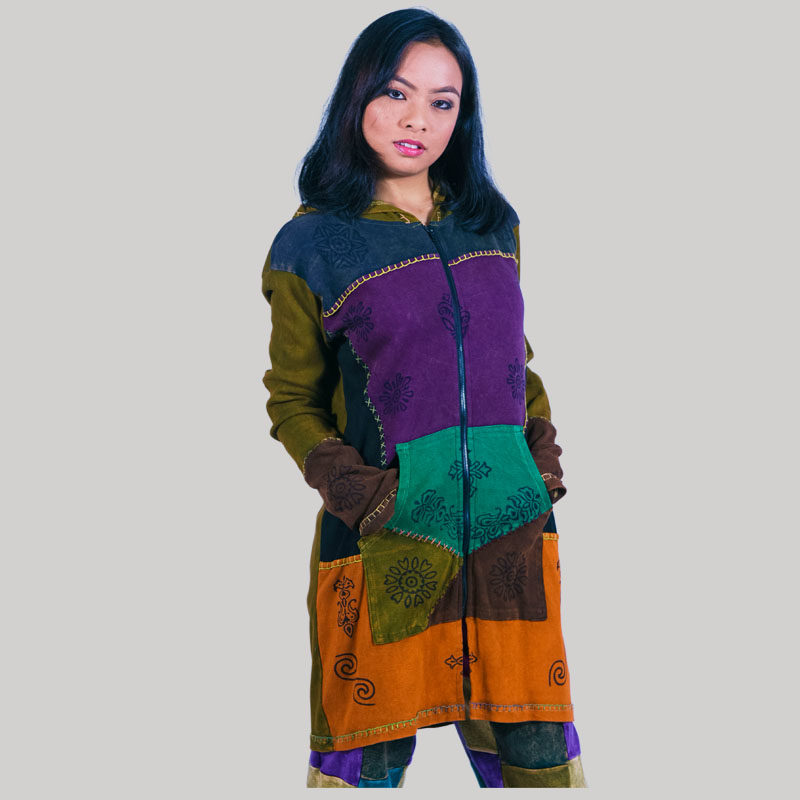 Women's long rib jacket with block print (Olive Green)