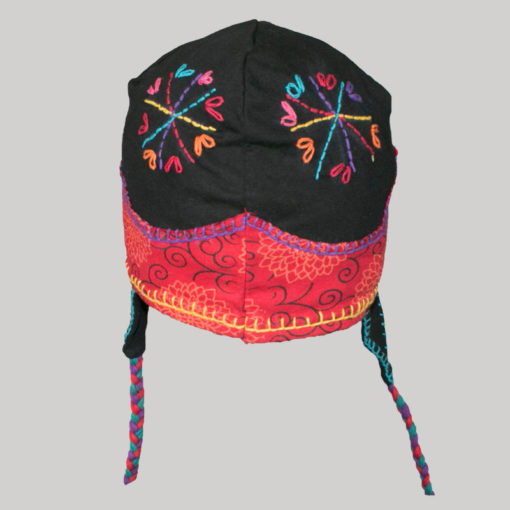 Ear-flap cap with multiple colored jersey hand work