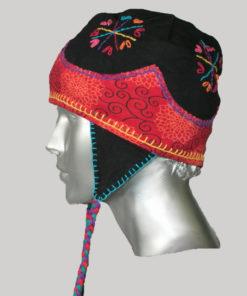 Ear-flap cap with multiple colored jersey hand work