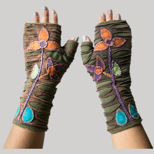 gloves with flower hand stitching razor & stone wash