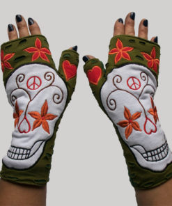 Gloves with skull head embroidery