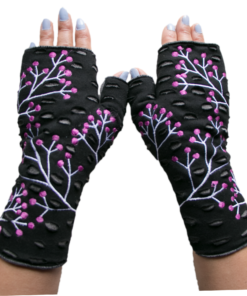 gloves with cheery embroidery.