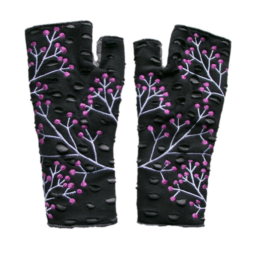 gloves with cheery embroidery.