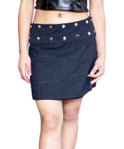 Black Cotton Pin tuck Mini Skirt with Metal Stud Waist.