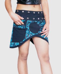 Handmade Black Cotton Wrap Skirt with Blue Printed Pockets