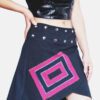Black cotton wrap skirt with pink and purple geometric patchwork and metal stud detailing on the waistband.